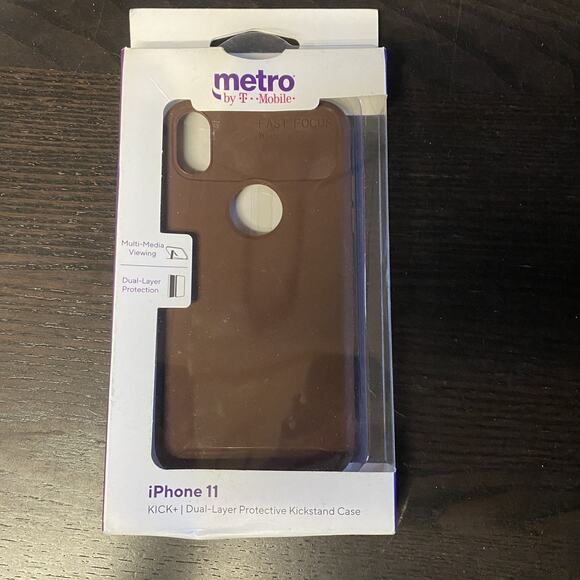New Metro by T-Mobile Iphone 11 Kick+ Dual-Layer Protective Kickstand Case Brown - Picture 1 of 3